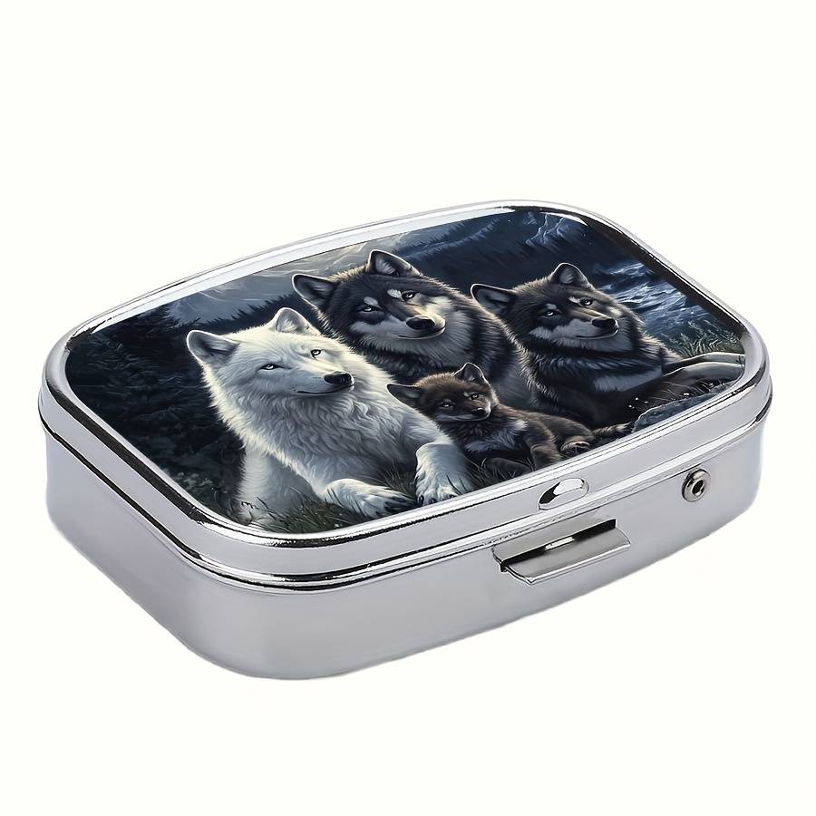 1pc Wolf Family Metal Pill Box C Portable Decorative Organizer with Realistic Wolf Artwork Com