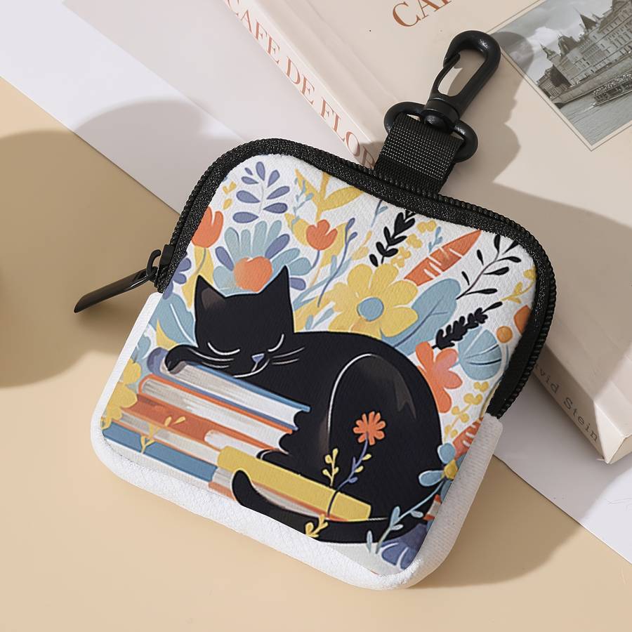 Contemporary Polyester Coin Wallet With Sleeping Cat Books Design Large Capacity Zippere