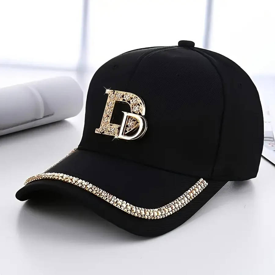 Stylish Black Baseball Cap With Golden Letter D Rhinestone Trim Adjustable Toggle