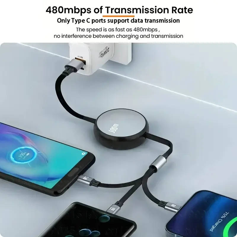 3 in 1 Retractable USB C 6A 100W USB Fast Charger