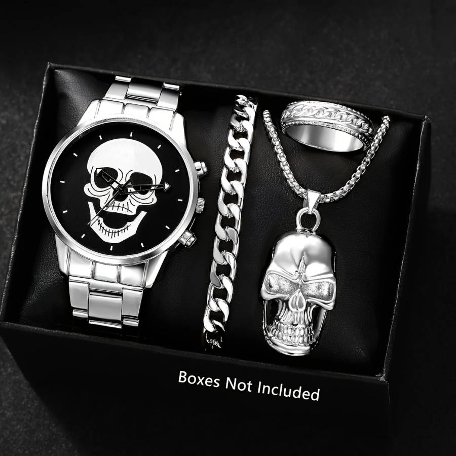 4 Piece Set Men's Watch Fashion Personality Skull Round Disc Quartz Watch