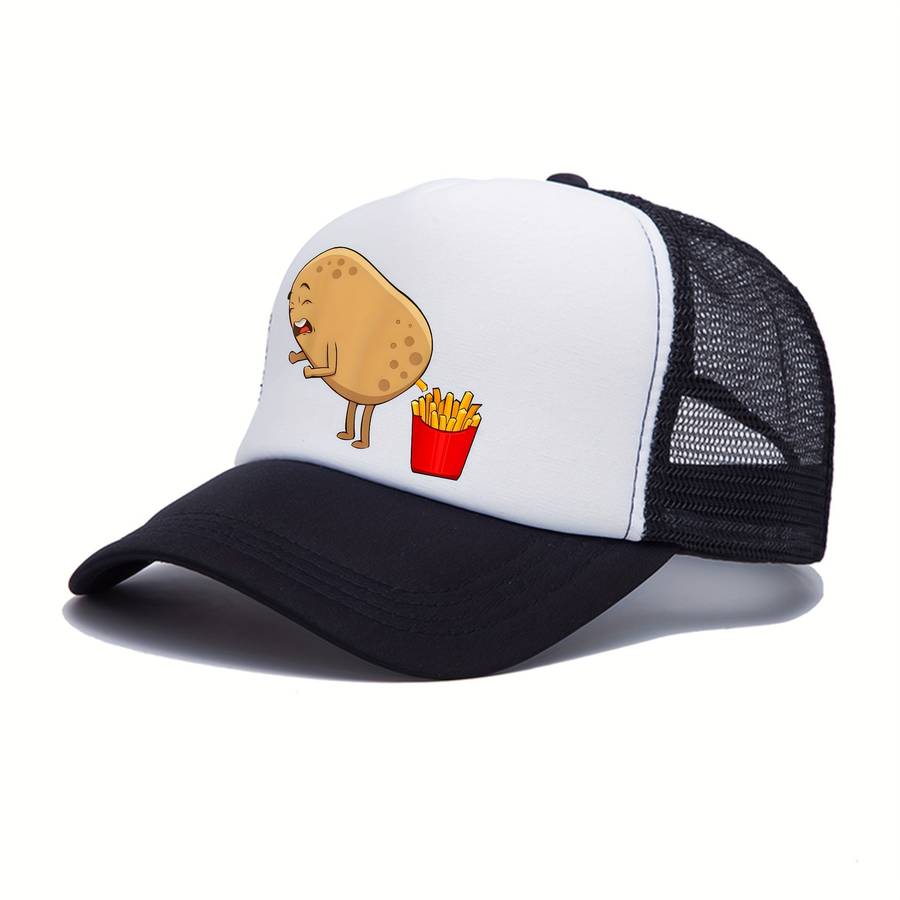 1pc Funky French Fries Cartoon Print Snapback Hat Breathable Polyester Mesh Trucker Cap with Colo