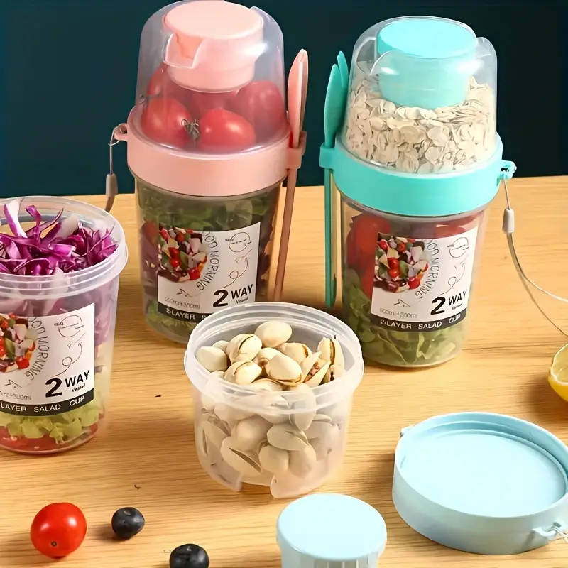 2 Way Multi-Purpose Salad Cup with Fork And Lid Portable Fruit And Yogurt Container Ideal for School