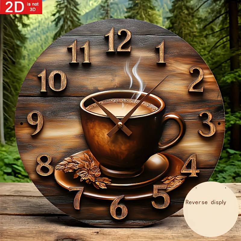 1pc 2D Flat Rustic Wooden Wall Clock with Coffee Cup Design Classic Vintage Style Not real clock