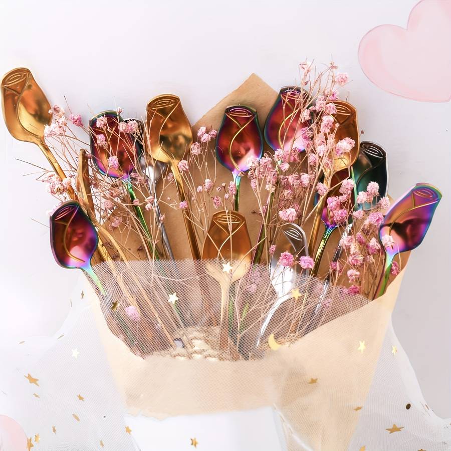 8pcs High-Quality Stainless Steel Rose Flower Spoon Fashionable Design 6.77-inch Long Handle