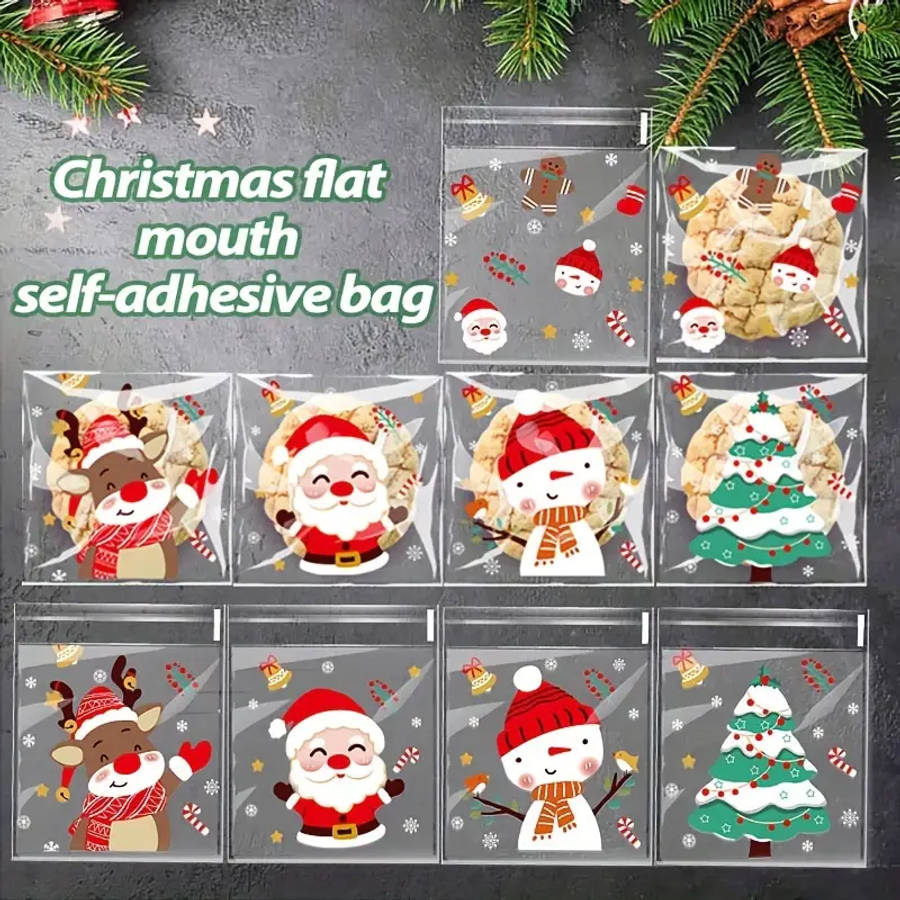 50 Self-Sealing Cellophane Christmas Candy Bags 5 Different Santa Claus Designs