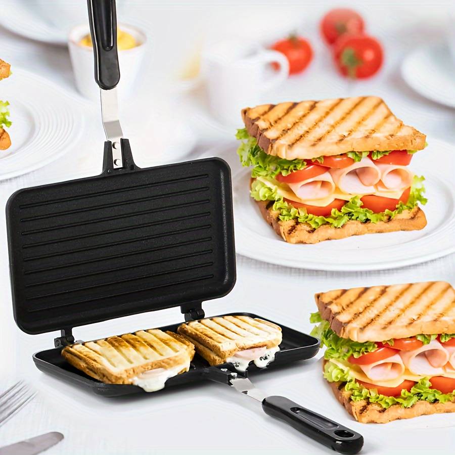 1pc Double-Sided Non-Stick Aluminum Sandwich Maker Detachable Handle Breakfast Pan Rectangula