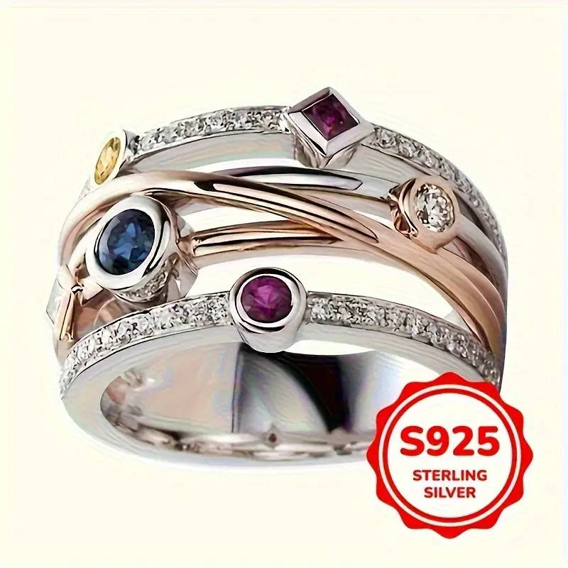 Multi-Layered Two-Tone 925 Sterling Silver Ring with Synthetic Gemstone, Bohemian Style