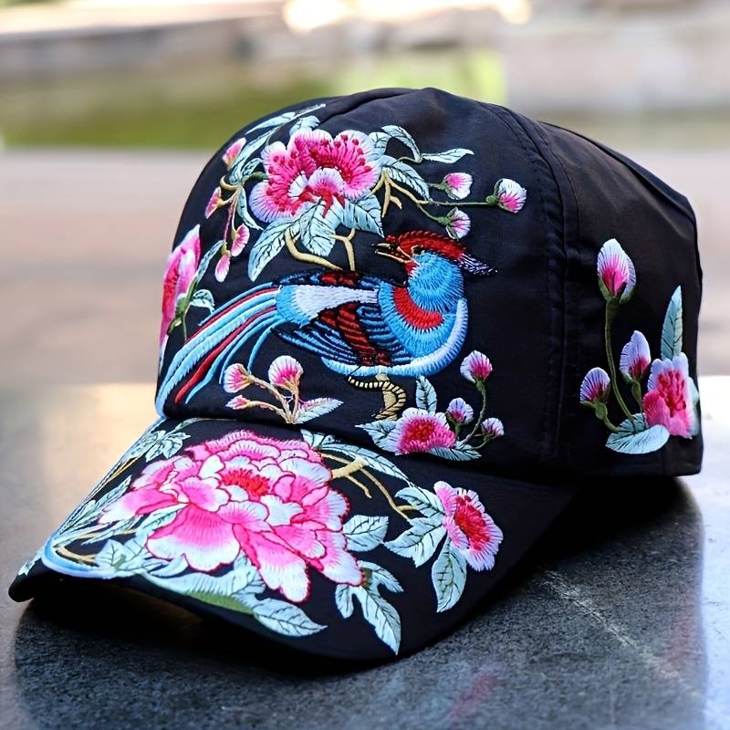 1pc Elegant Oriental-Inspired Women's Baseball Cap with Floral Bird Embroidery Adjustable Sun-