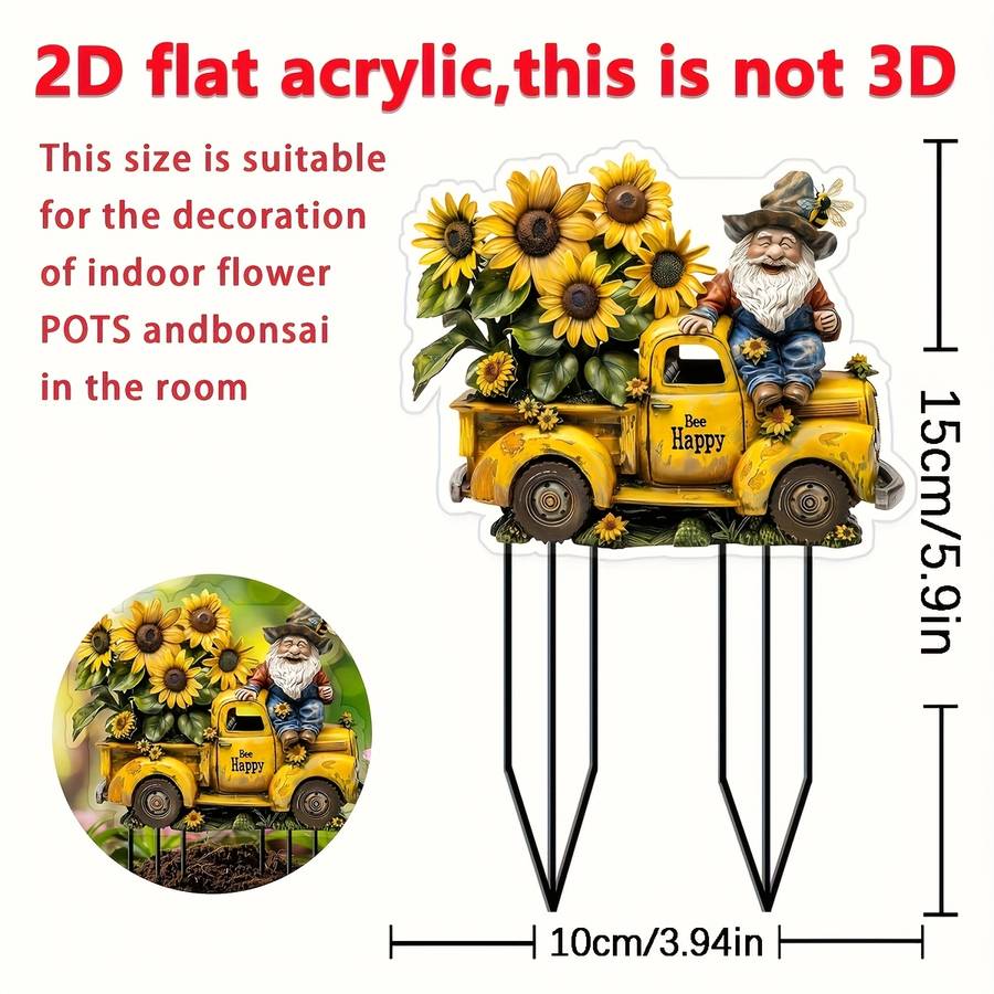 1pc 2D Flat  Happy Bee Driving Vintage Truck Garden Stake Perfect for Yard And Lawn Perfect Flowe
