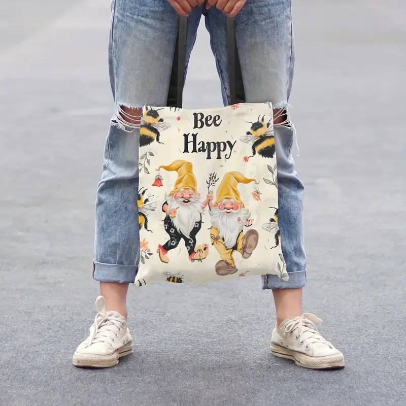 1pc Bee Happy Canvas Tote Bag with Cute Gnome Design Large Capacity, Durable Polyester Shoulder Hand
