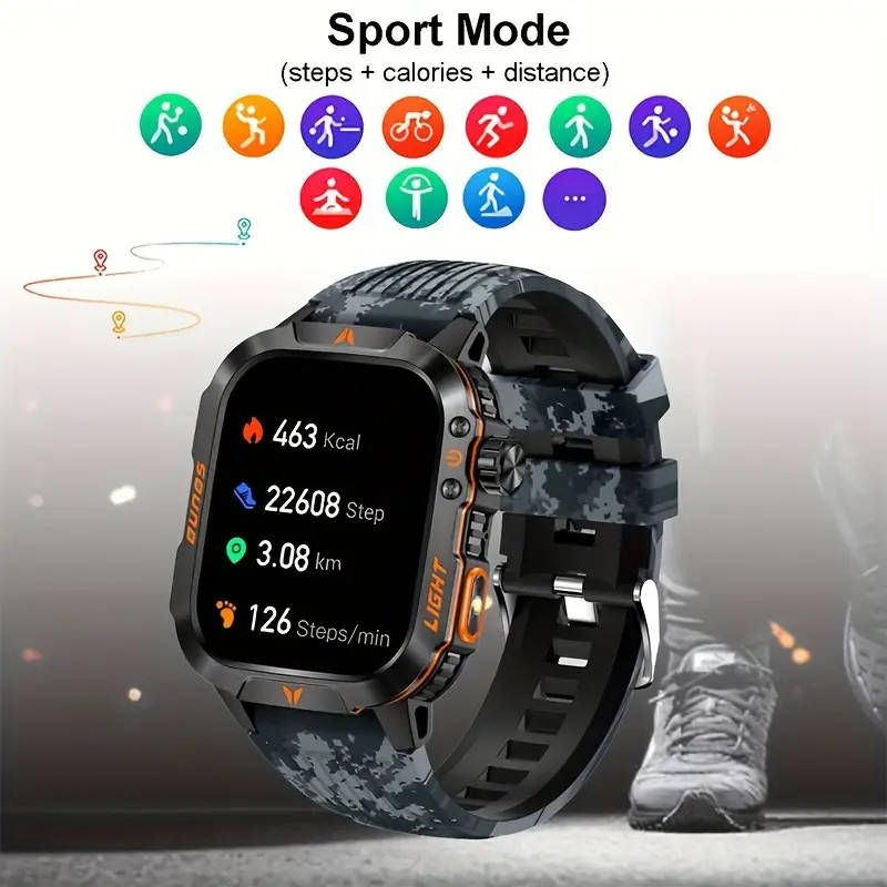 Stylish Square Men'S Outdoor Sports Smart Watch Wireless Call Flashlight AI Voice Assistant Sports