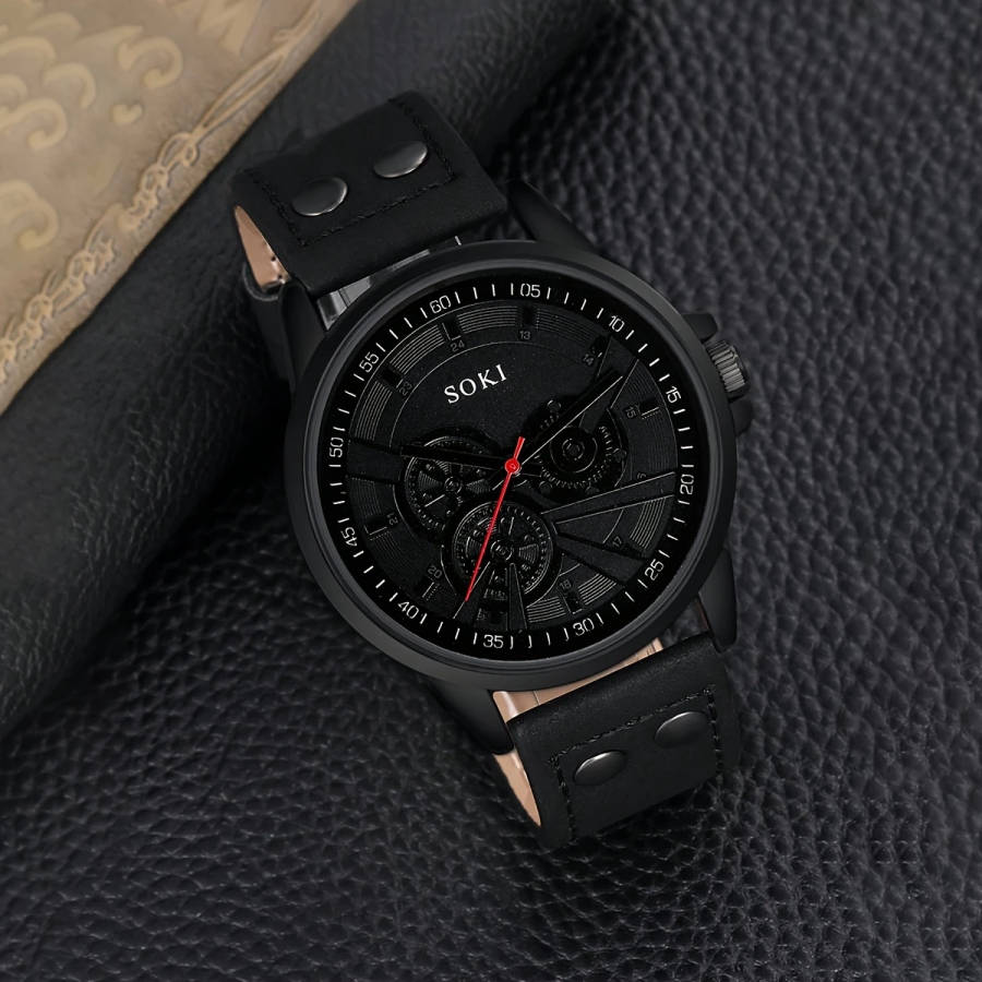 2pcs Men's Sport Digital Watches with Faux Leather Woven Wrap Bands Alloy Case Quartz Movement Black