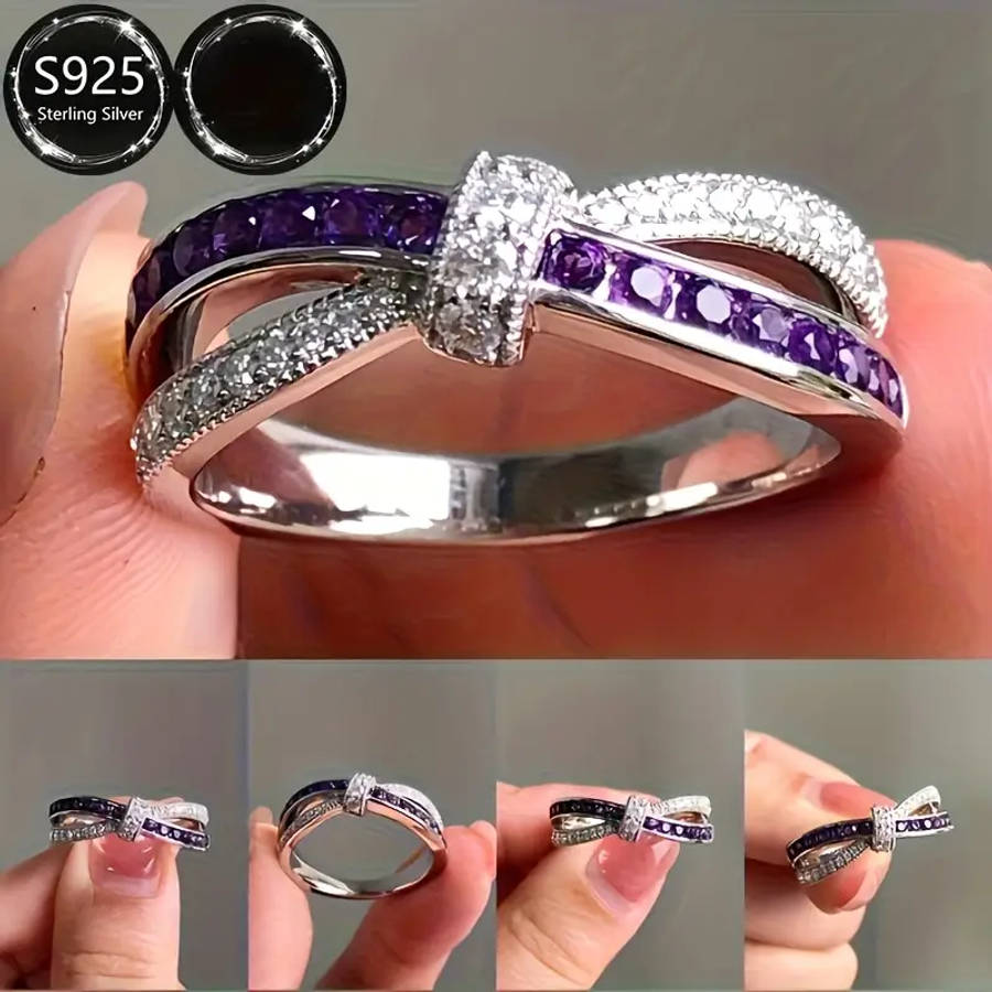 Elegant 925 Silver Ring with Sparkling Purple Cubic Zirconia