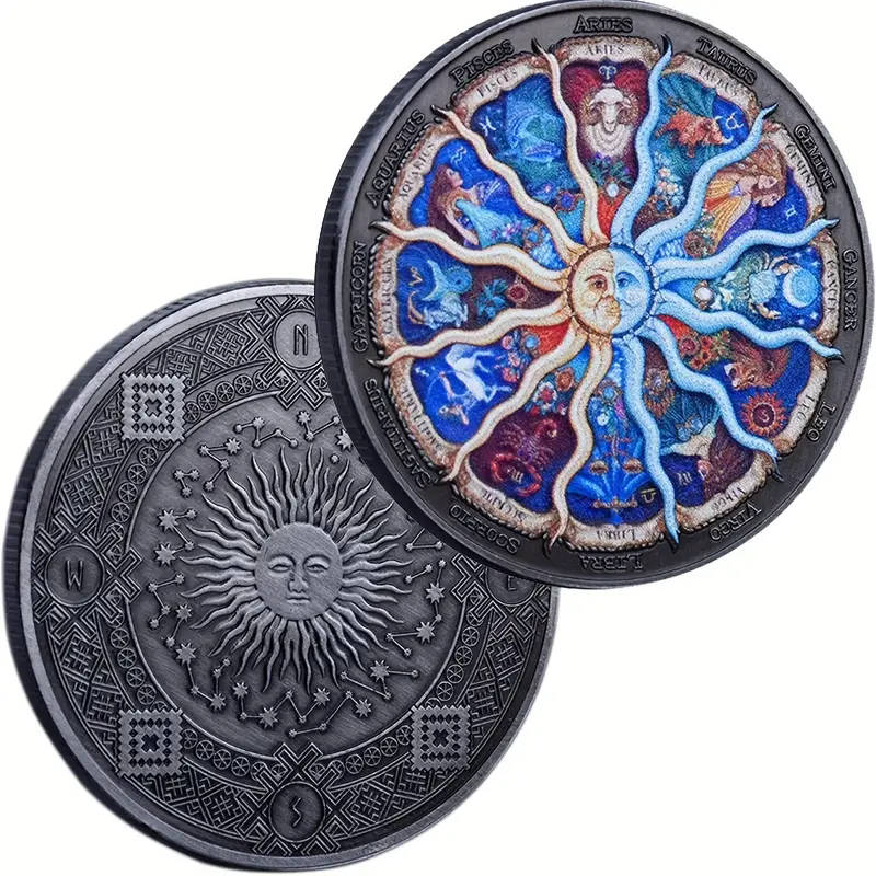 12 Zodiac Signs Colorful Coin with Capsule 40MM Wide