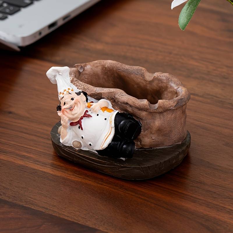 1pc Vintage Chef Ashtray Resin Food-Themed Oval Shape No Power Needed Home Kitchen Deco
