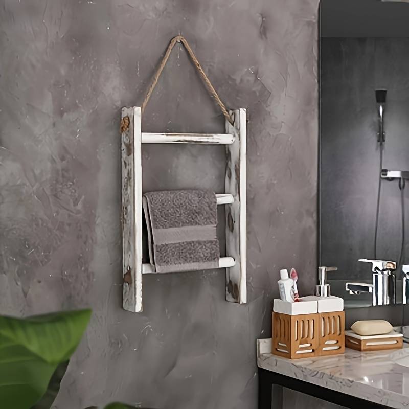 1pc Bohemian Rustic White-Washed Wooden Towel Ladder 3-Tier Wall-Mounted Bathroom Kitchen S