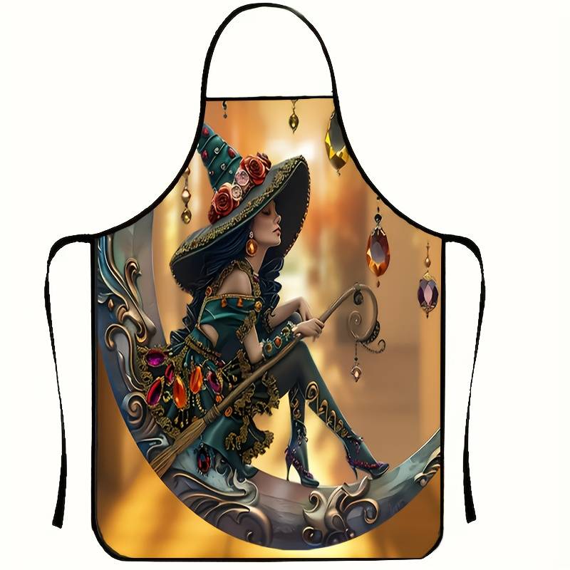 1pc Enchanted Moonlight Witch 3D Print Sleeveless Apron Whimsical Fantasy Design with Floral Hat