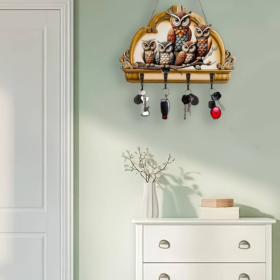 1pc Owl  Floral Wooden Key Hanger with Four Metal HooksColorful Traditional Design for Home Wa