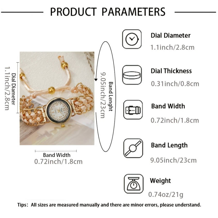 1pc Rhinestone-Inlaid Dial Adjustable Braided Cord Durable Quartz Movement Ladies' Wristwatch Fashio