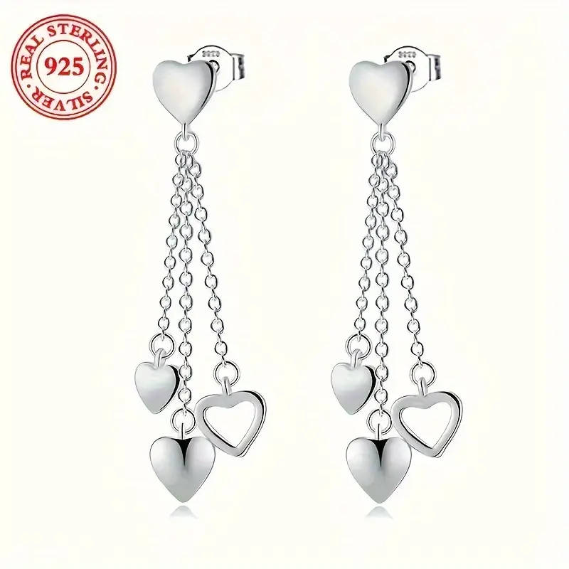 925 Sterling Silver Tassel Heart Pendant Earrings