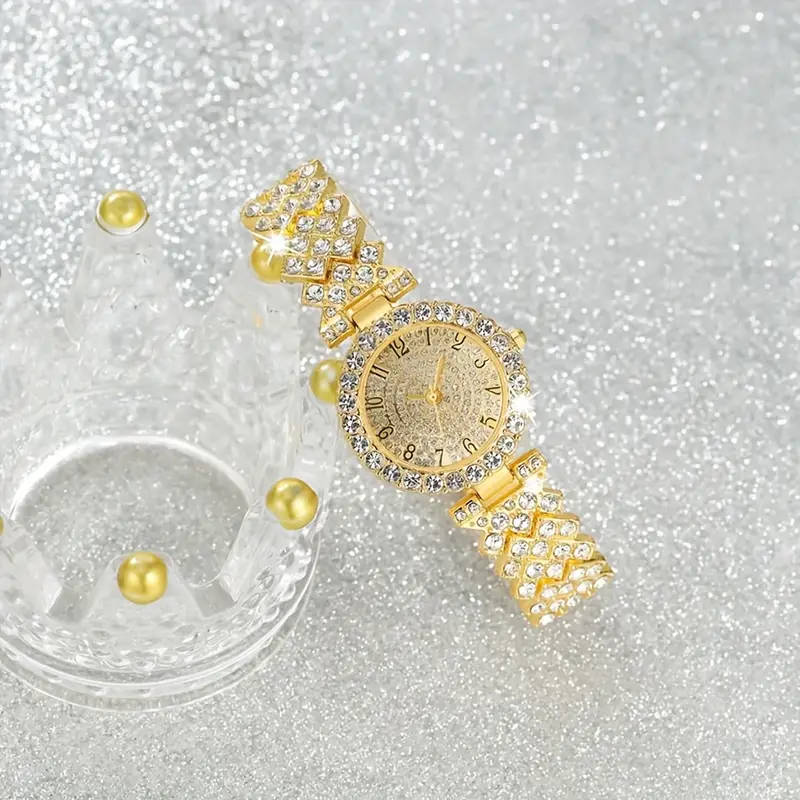 2 Piece Rhinestone Watch Stainless Steel Luxury Full Rhinestone Bracelet & Quartz Watch