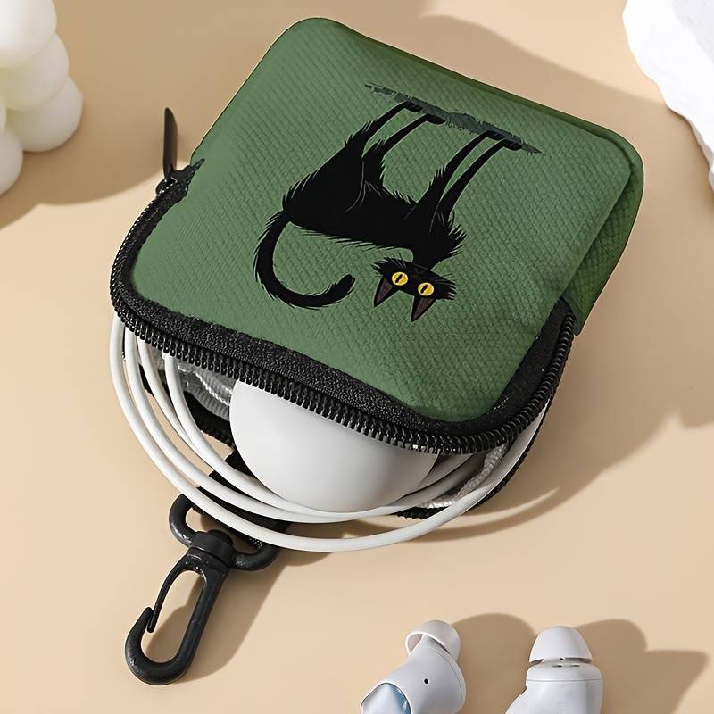 1pc Green Bottom Cat Print Coin Purse with Zipper and Buckle Multi-Purpose Storage Bag for Men