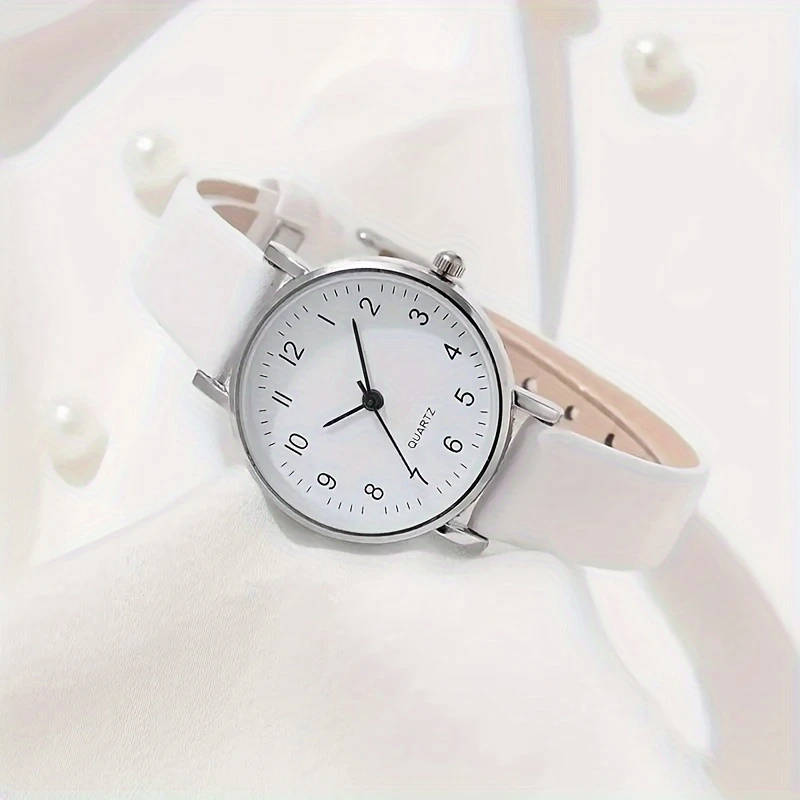 2pcs Women's Simple PU Leather White Quartz Watch + Fashion Leaf Open Bracelet Set Valentine's Day E