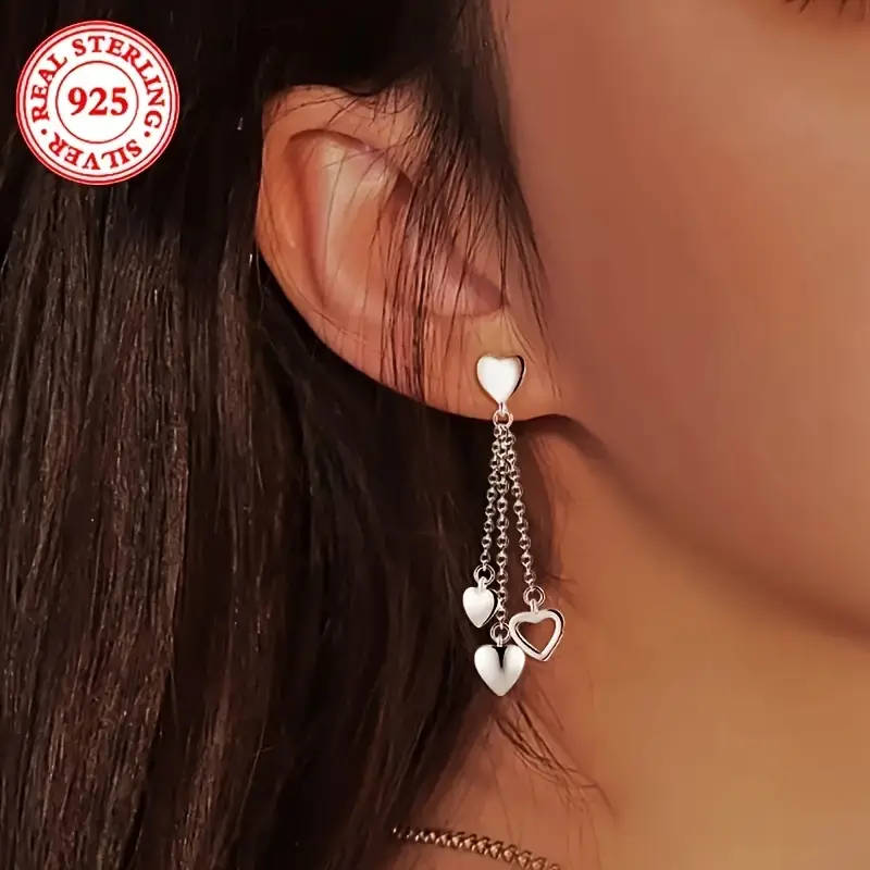 925 Sterling Silver Tassel Heart Pendant Earrings