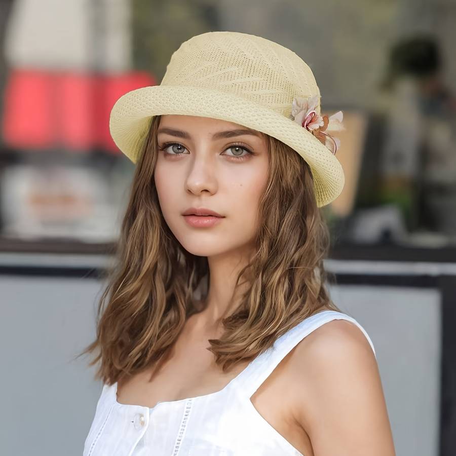 1pc of Women'S Hat Elegant And Fashionable Flower-Decorated Curled-Edge Straw Hat Spring An