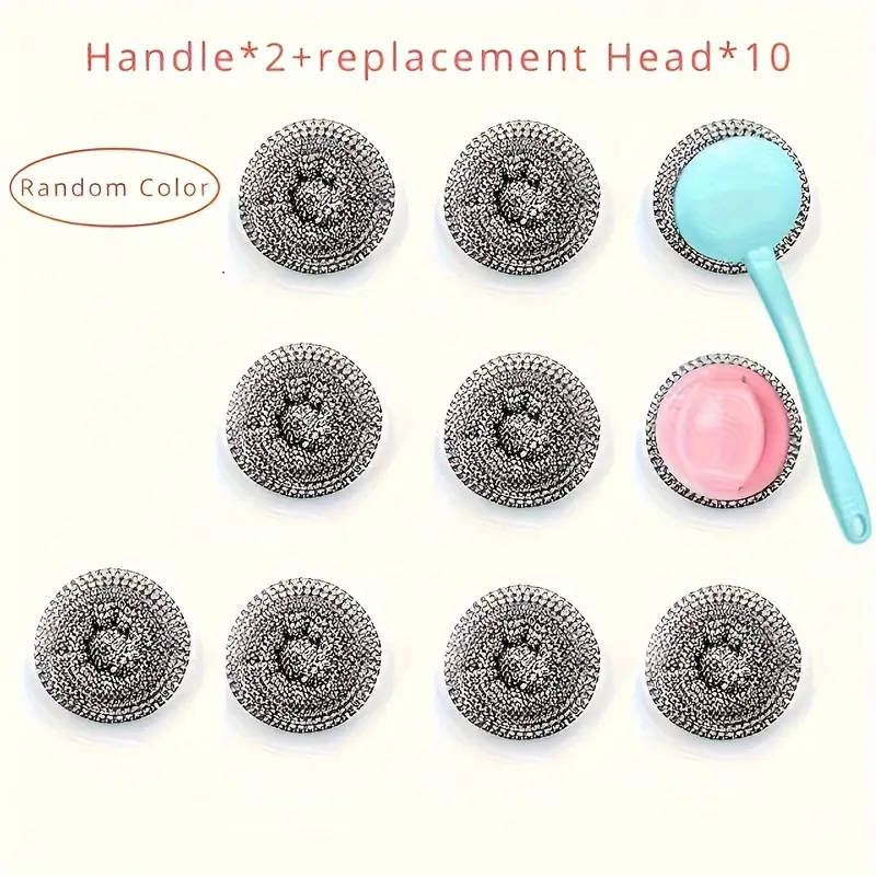 10Pack Stainless Steel Scrubber Set With 2 Non-Slip Handles Heavy Duty Metal Scouring Pads For Kitc