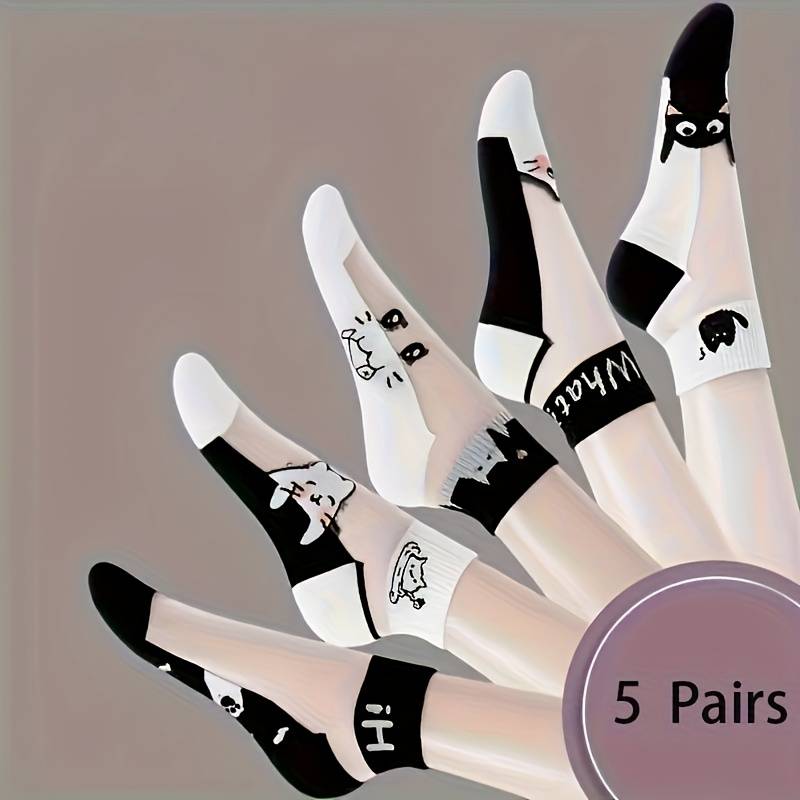 5 Pairs Black And White Cat Mixed Color One Size High Elastic Socks