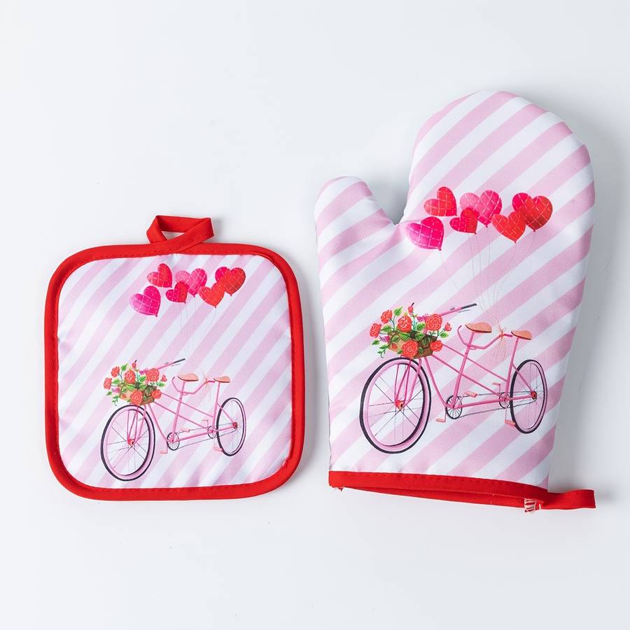 2pcs Valentine'S Day Kitchen Oven Gloves Set Polyester 100% Heat Resistant Baking Mitts Digit