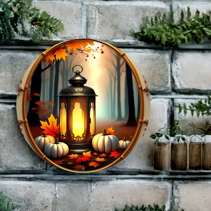 1pc Rustic Lantern Pumpkin Design Aluminum Wall Sign 19.99 cm Round Safe Rounded Corners Easy Instal