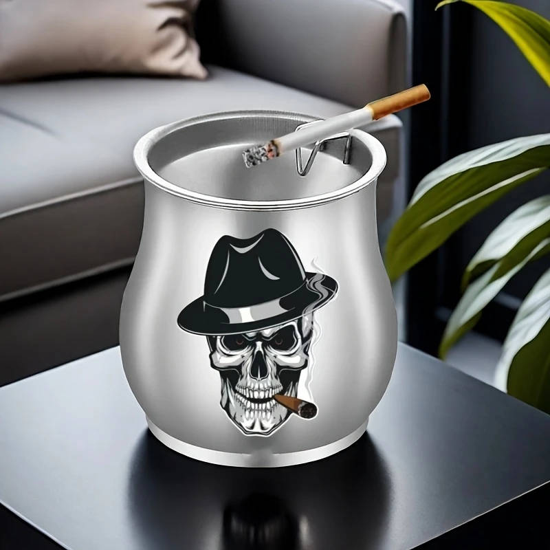 1pc Stainless Steel Ashtray with Lid Skull Pattern Windproof Anti-Fly Ash Creative Funnel Design