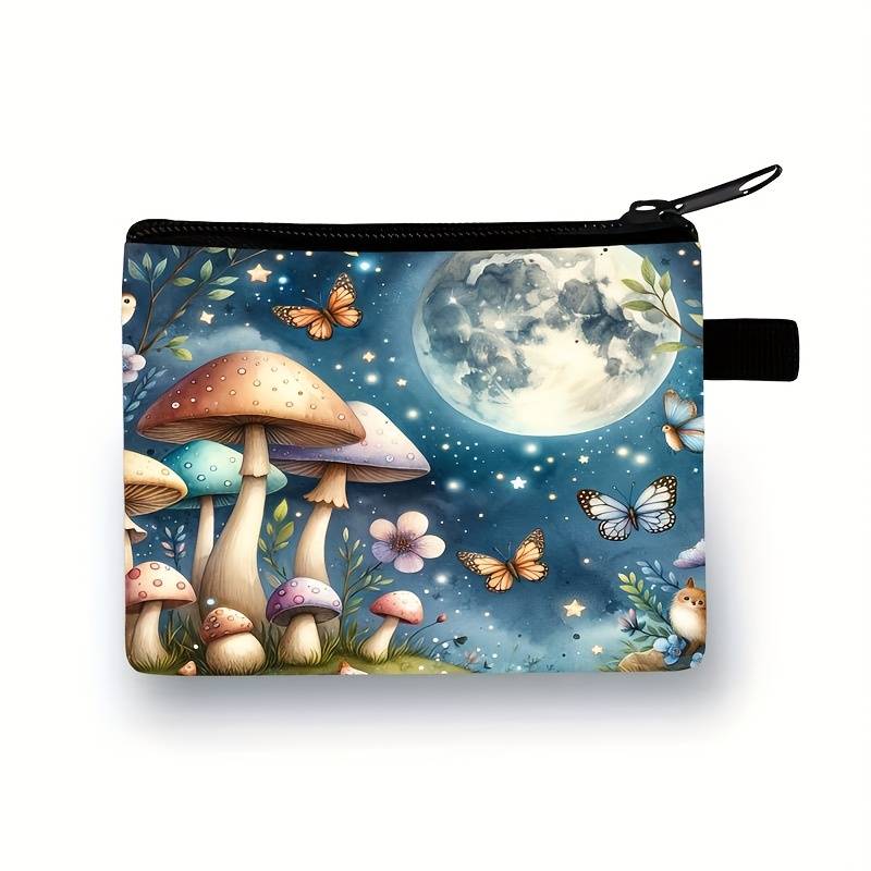 1pc Whimsical Moonlit Forest Pouch Lightweight Polyester Organizer with Mushrooms Butterflies