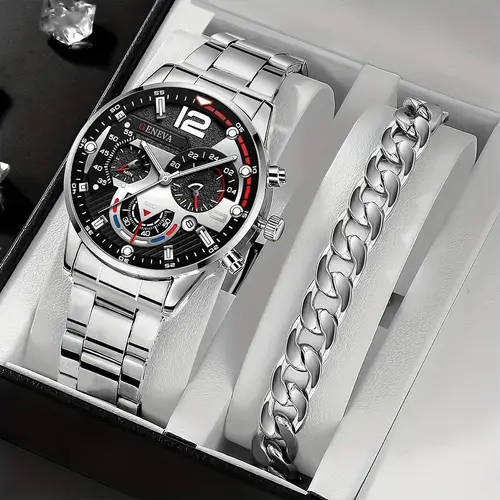 2pcs set Men'S Casual Quartz Watch Alloy Round Dial Battery Powered Electronic Movement Pointer Disp