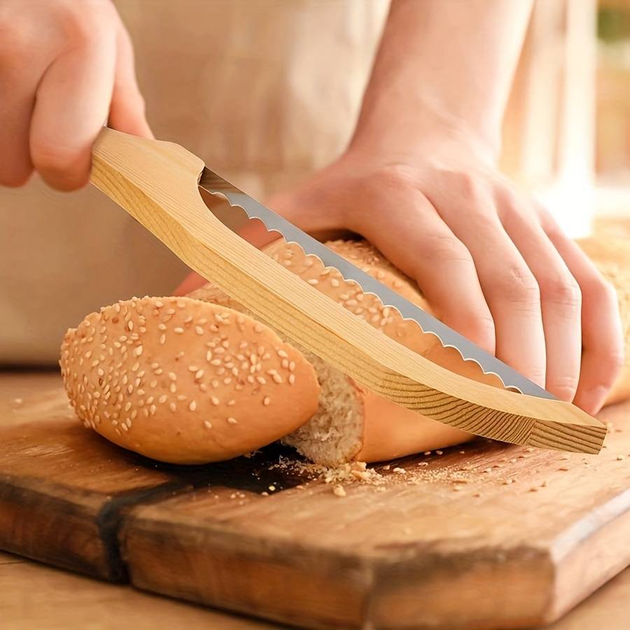 1pc Wooden Bread Cutting Tool Ergonomic Handle Durable Pressed Wood Construction Smooth Edg