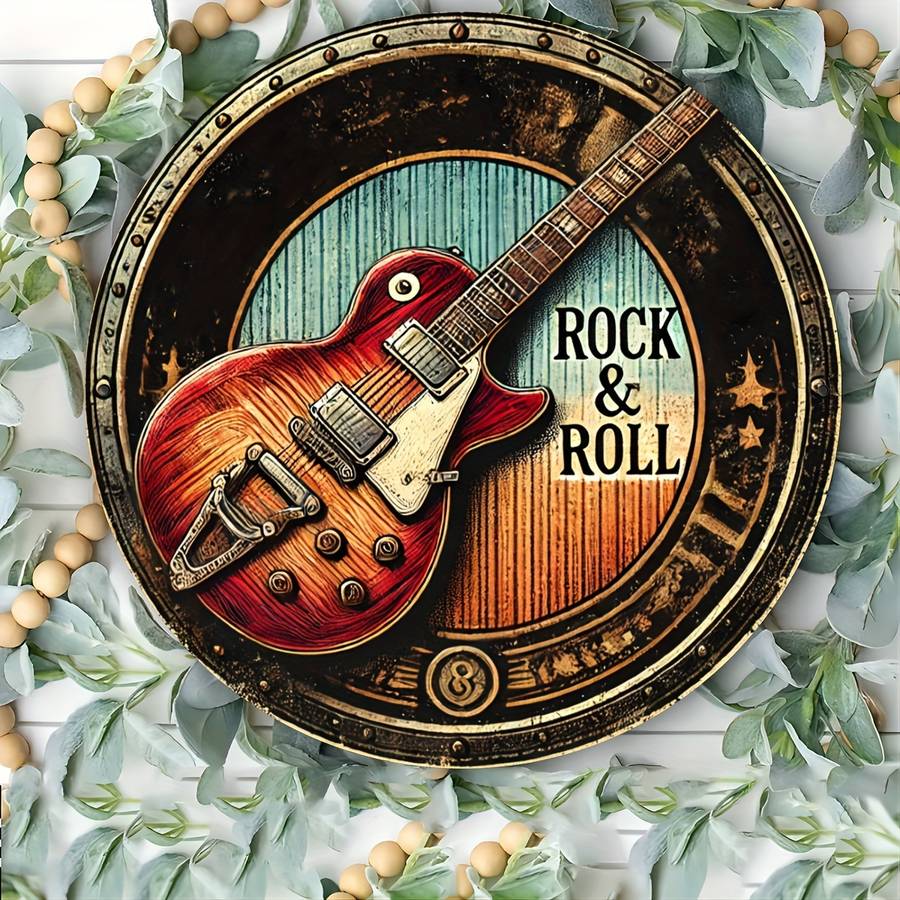 2D Flat Vintage Rock Roll Guitar Metal Wall Art Sign 20.32x20.32 cm Round Iron Decorative
