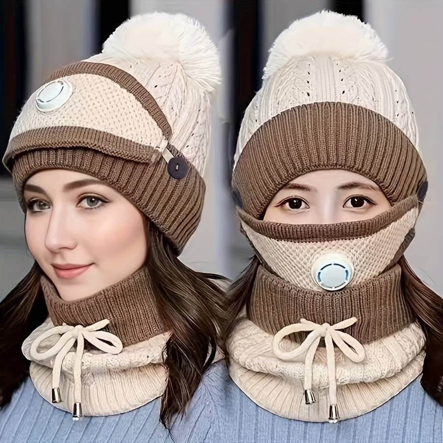 1pc Mask Hat Scarf Women's Autumn and Winter Knitted Hat Thickened and Fleece Warm Ear Protect