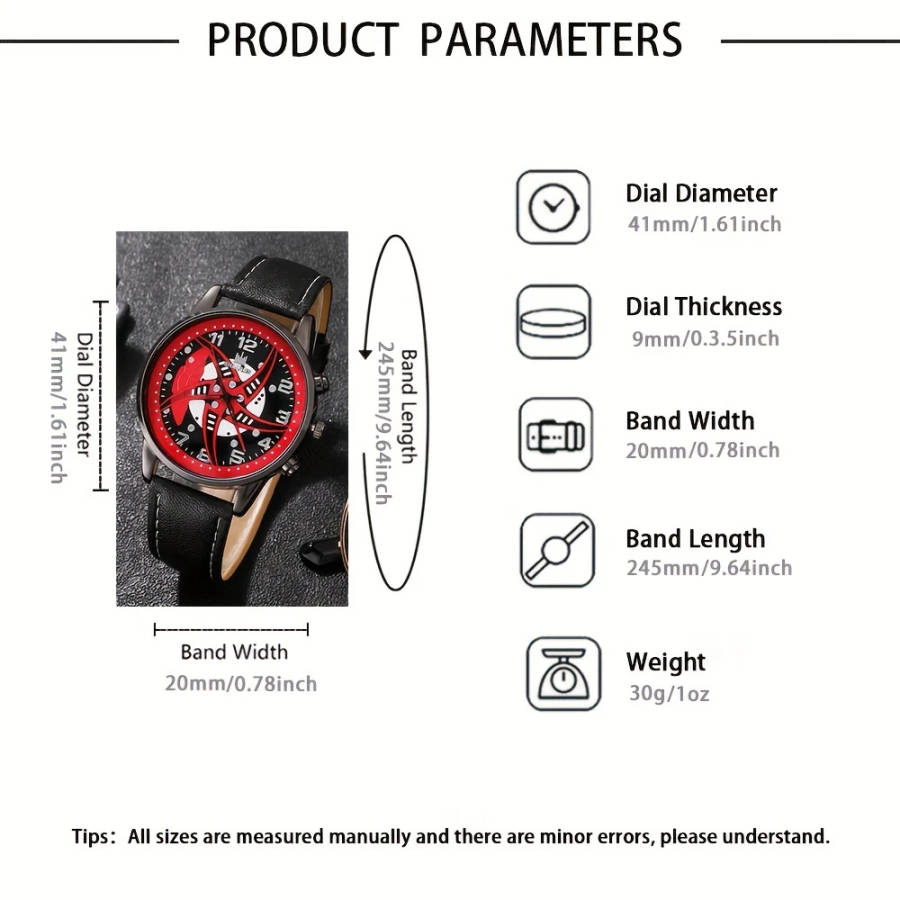 5pcs set Men's Fashion Red Black Quartz PU Leather Watch And Bead Bracelet Set Gift For Him