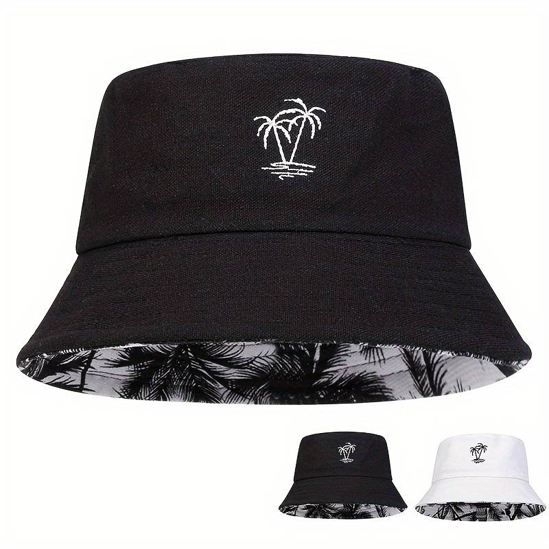 1pc Men'S Reversible Bucket Hat with Tree Embroidery Funky Style Polyester Fishing Cap Casual