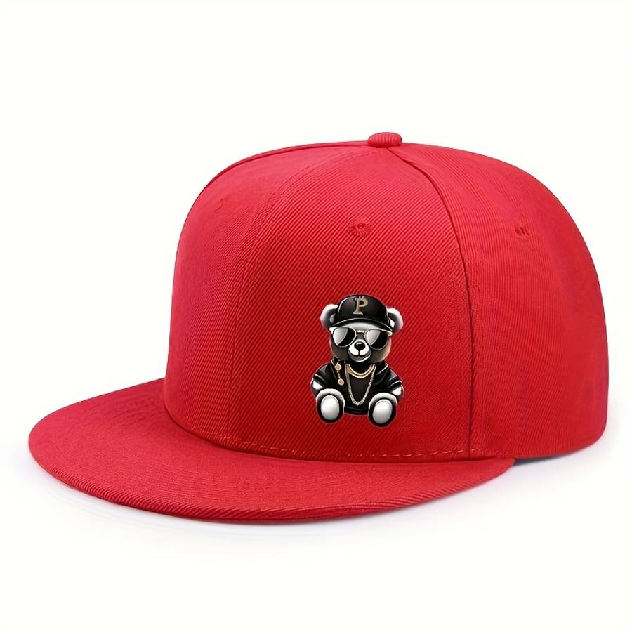 Adjustable Hip-Hop Baseball Cap With Cute Bear Pattern Sun Protection Lightweight Flat Brim