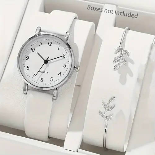 2pcs Women's Simple PU Leather White Quartz Watch + Fashion Leaf Open Bracelet Set Valentine's Day E