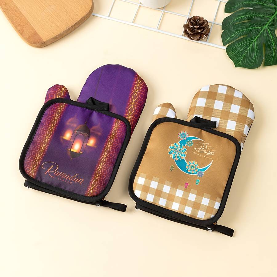 2pcs Ramadan Themed Oven Mitts Set Polyester 100% Heat Resistant Kitchen Baking Gloves and Pot