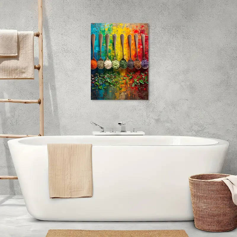 1pc Chic Seasoning Kitchen Canvas Art Wooden Framed Wall Decor for Living Room Bedroom Office Perfec