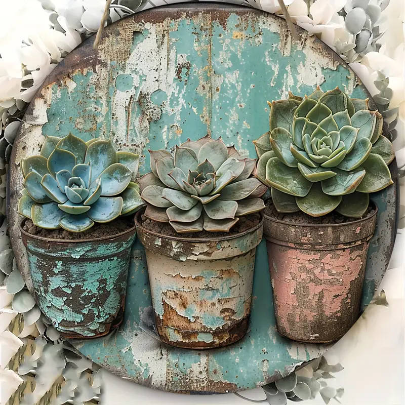 1pc Rustic Succulent Wooden Wall Hanging Distressed Blue Turquoise Art Decor with Realistic Succulen