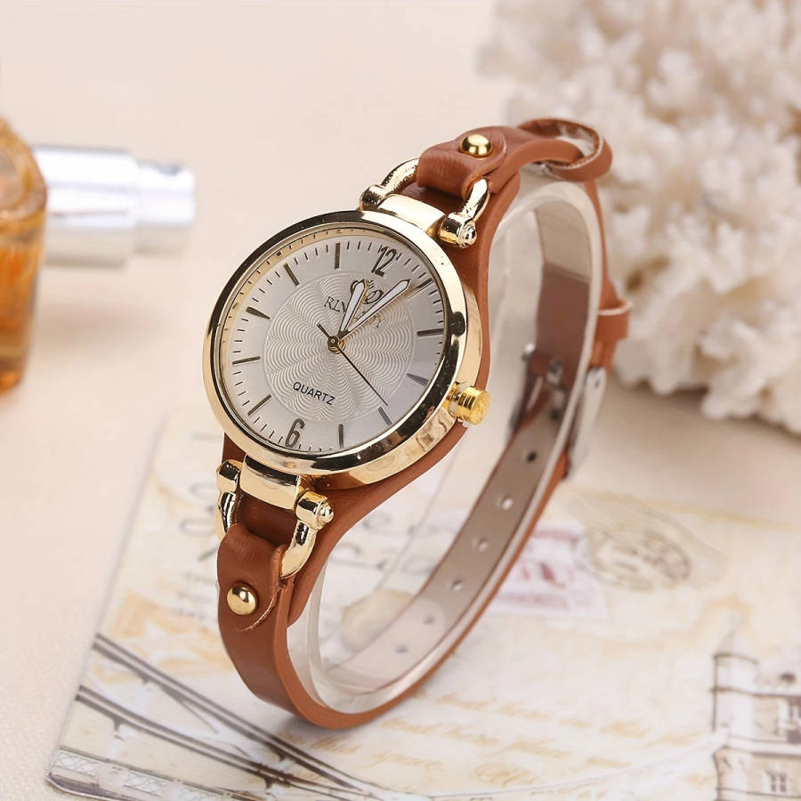 1pc Elegant Women's Quartz Watch Minimalist Brown Faux Leather Strap Golden-Tone Case White Dial Non