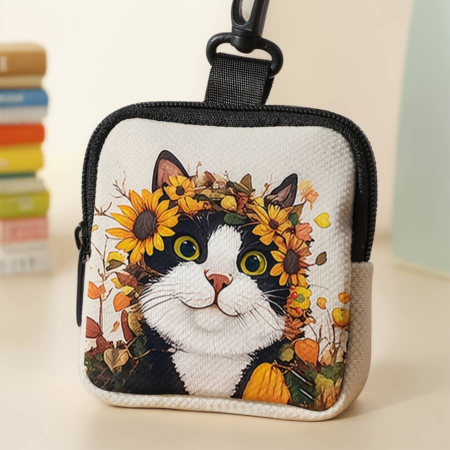 1pc Adorable Cat Sunflower Pattern Large Capacity Coin Purse Multi-Function Zippered Wallet