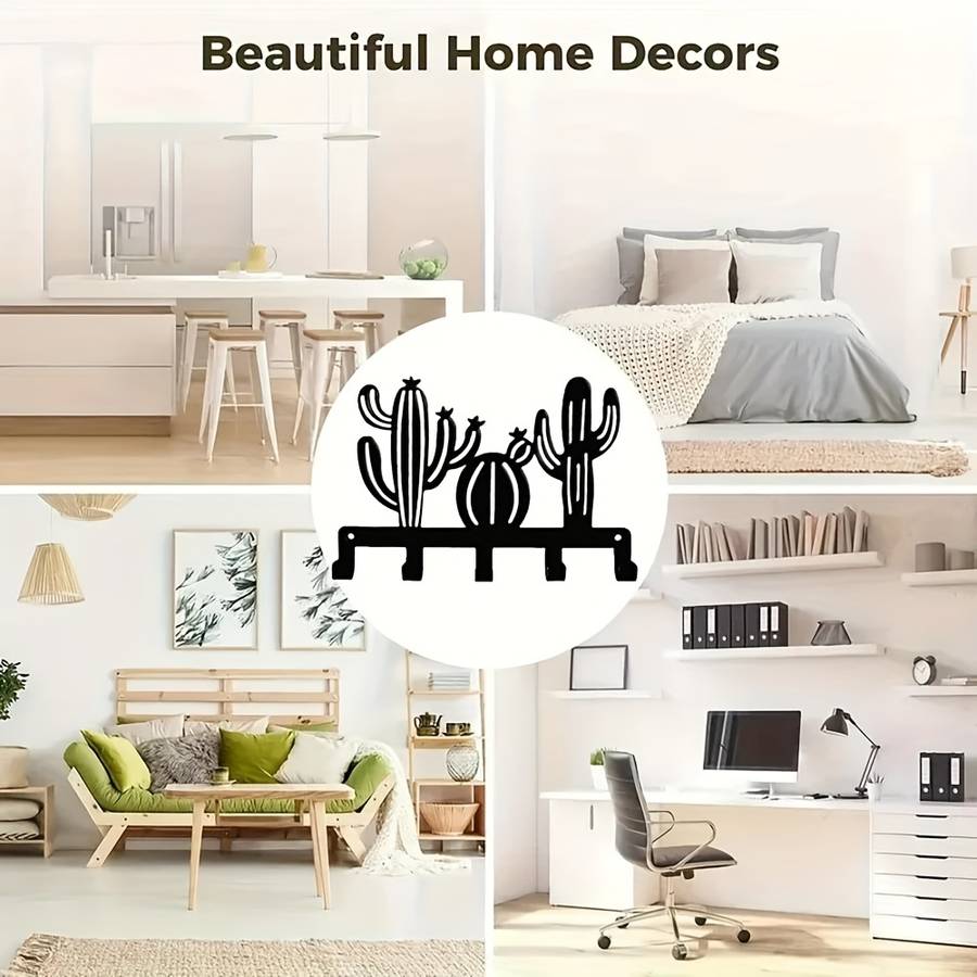 1pc Cactus Metal Wall Art Coat  Hat Hook Rack with 5 HooksEasy Install Contemporary Wrought Iro